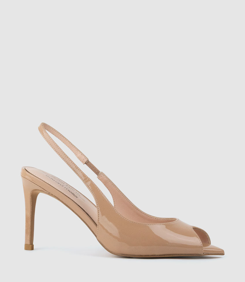 ORTEGA85 Pointed Peep Toe Slingback in Nude Patent - Edward Meller