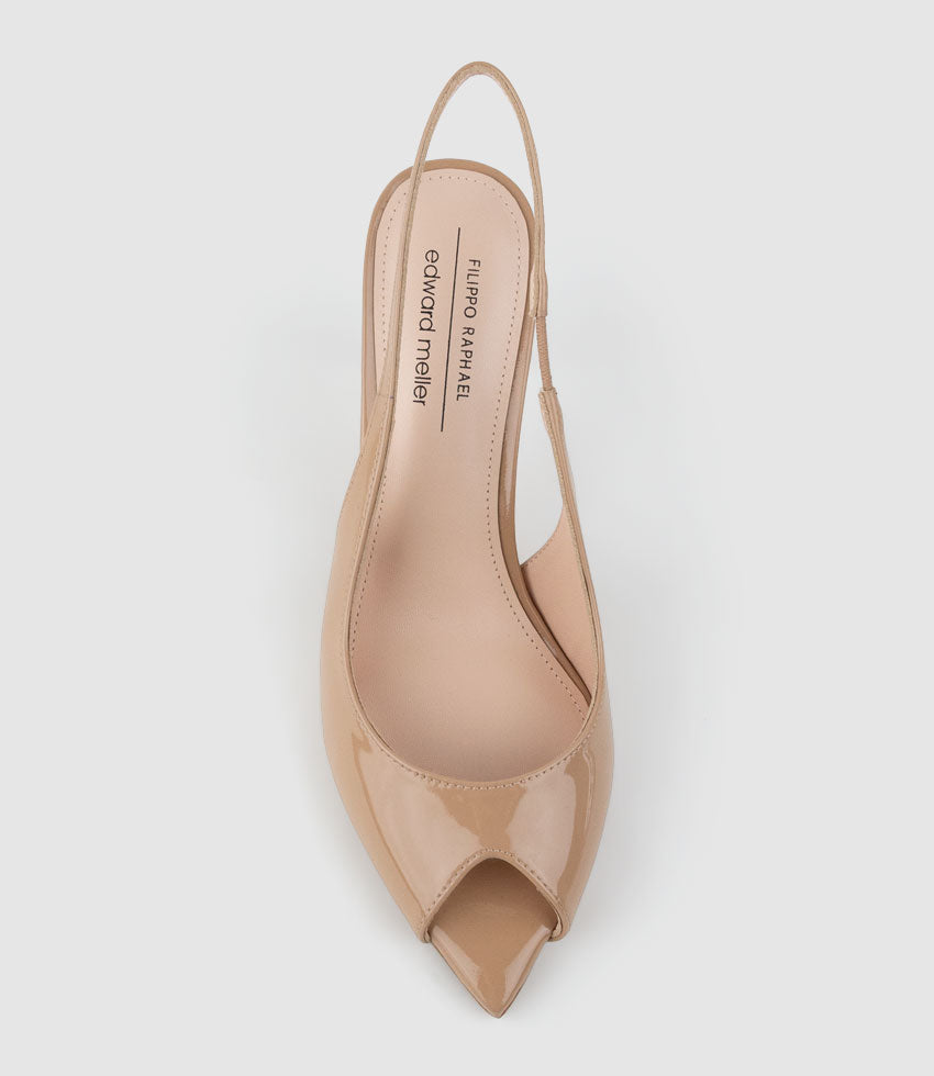 ORTEGA85 Pointed Peep Toe Slingback in Nude Patent - Edward Meller