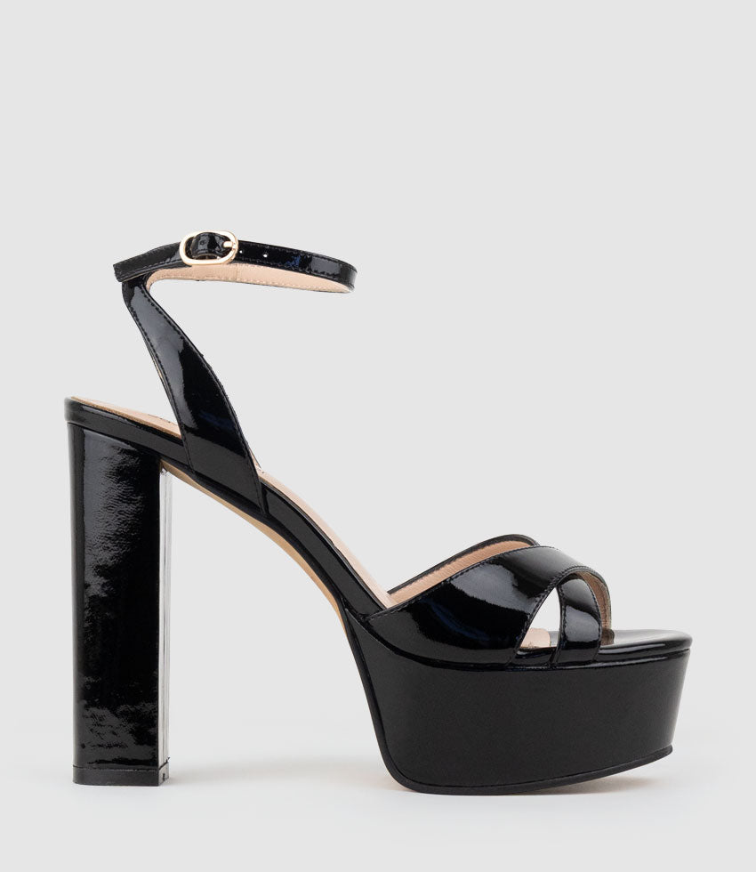 RACHEL125 Crossover Platform Sandal in Black Patent - Edward Meller