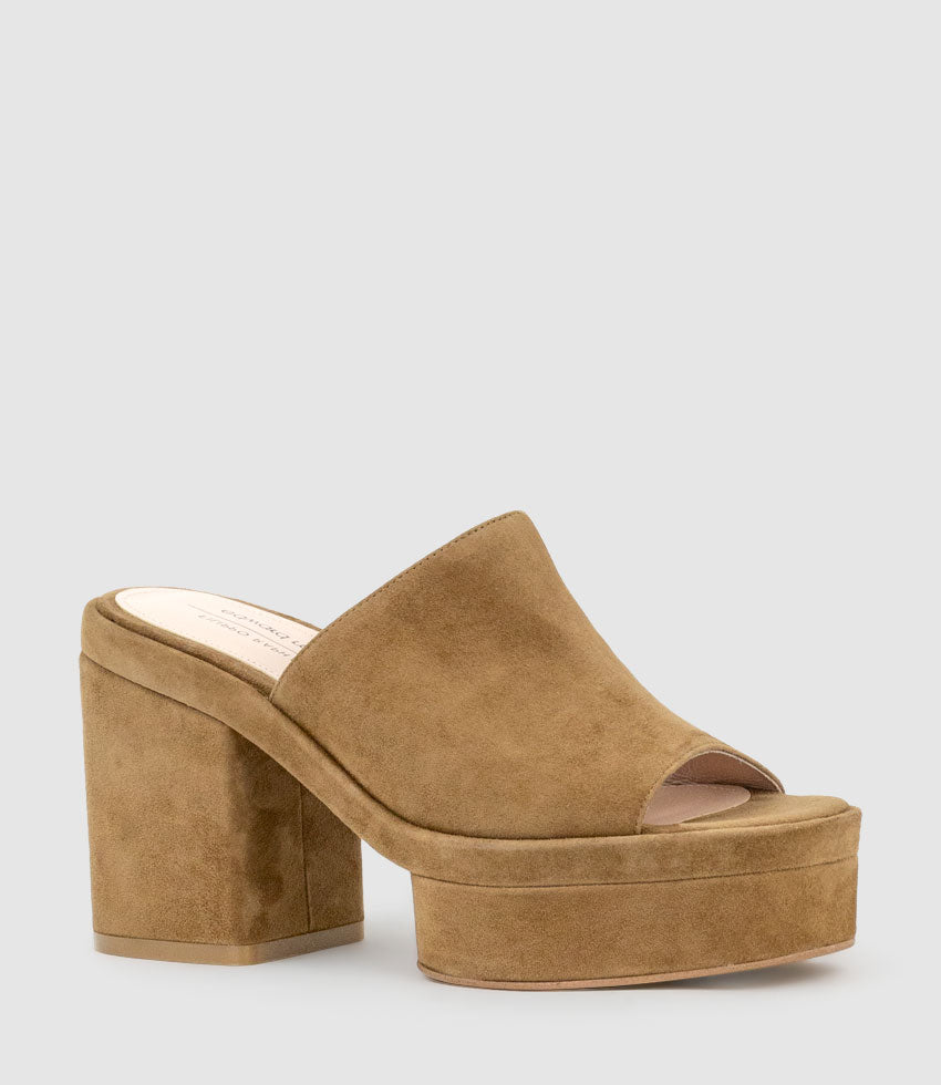RASCAL90 Exaggerated Platform Slide in Tawny Suede - Edward Meller