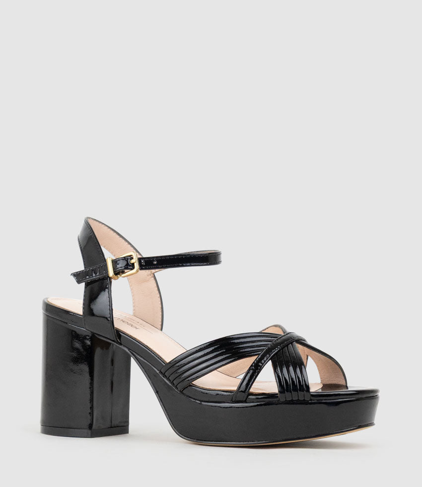 RAYNE80 Strappy Crossover Platform Sandal in Black Patent - Edward Meller