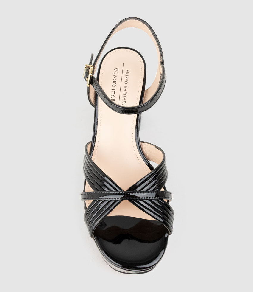 RAYNE80 Strappy Crossover Platform Sandal in Black Patent - Edward Meller