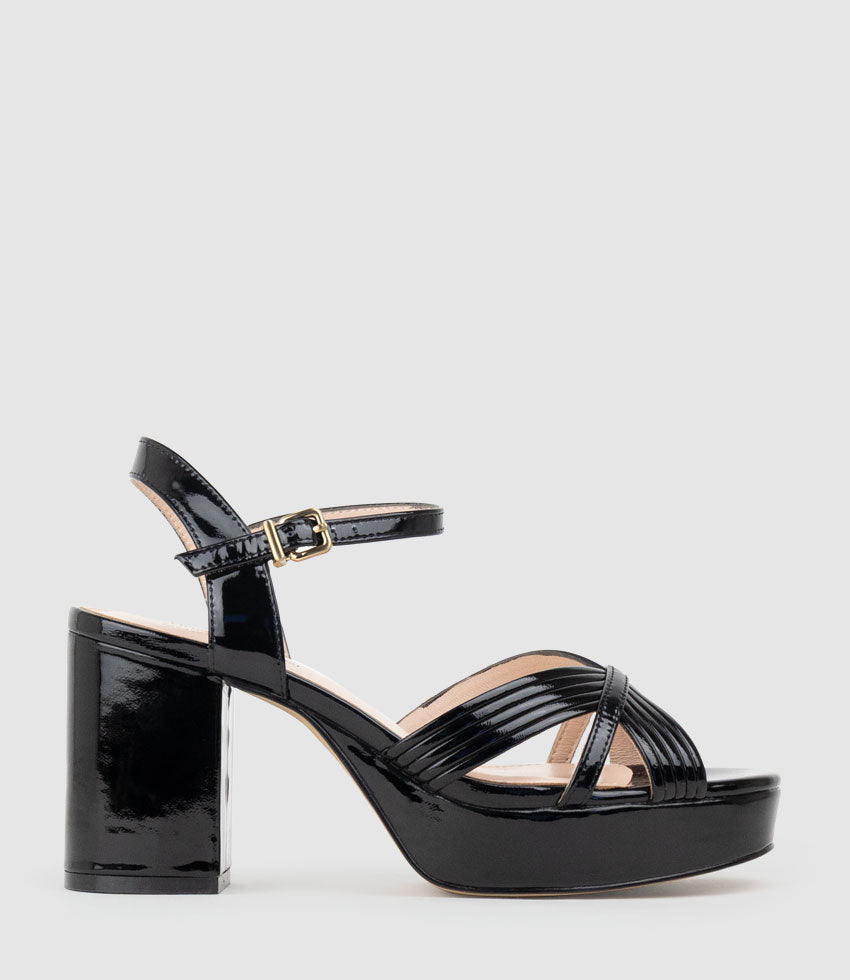 RAYNE80 Strappy Crossover Platform Sandal in Black Patent - Edward Meller