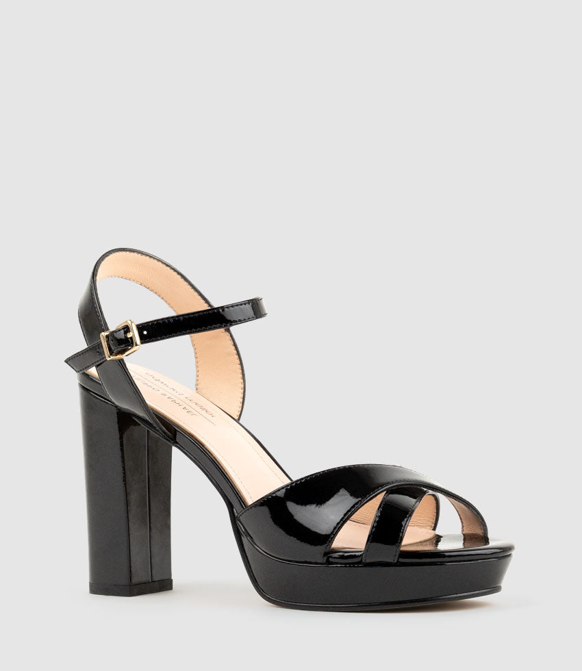 RENATA100 Crossover Platform Sandal in Black Patent - Edward Meller