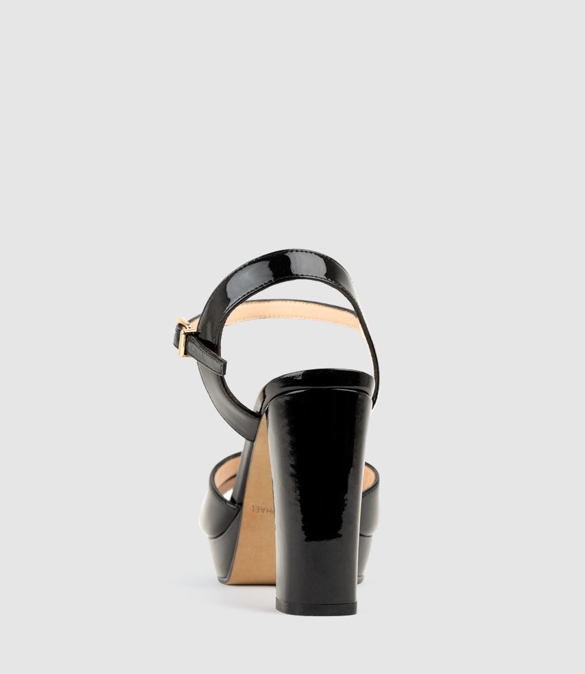 RENATA100 Crossover Platform Sandal in Black Patent - Edward Meller