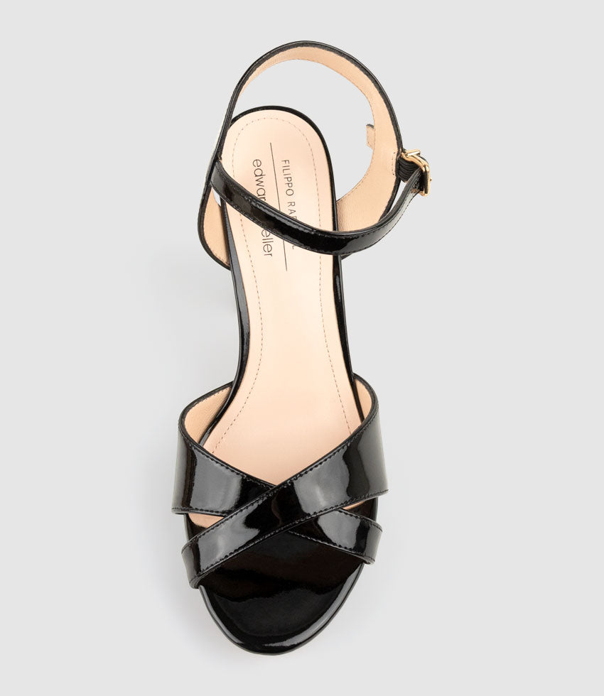 RENATA100 Crossover Platform Sandal in Black Patent - Edward Meller