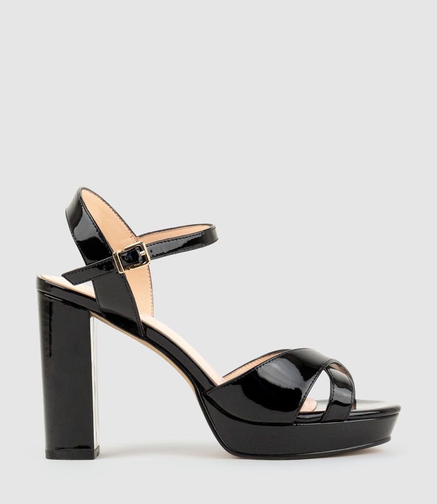 RENATA100 Crossover Platform Sandal in Black Patent - Edward Meller