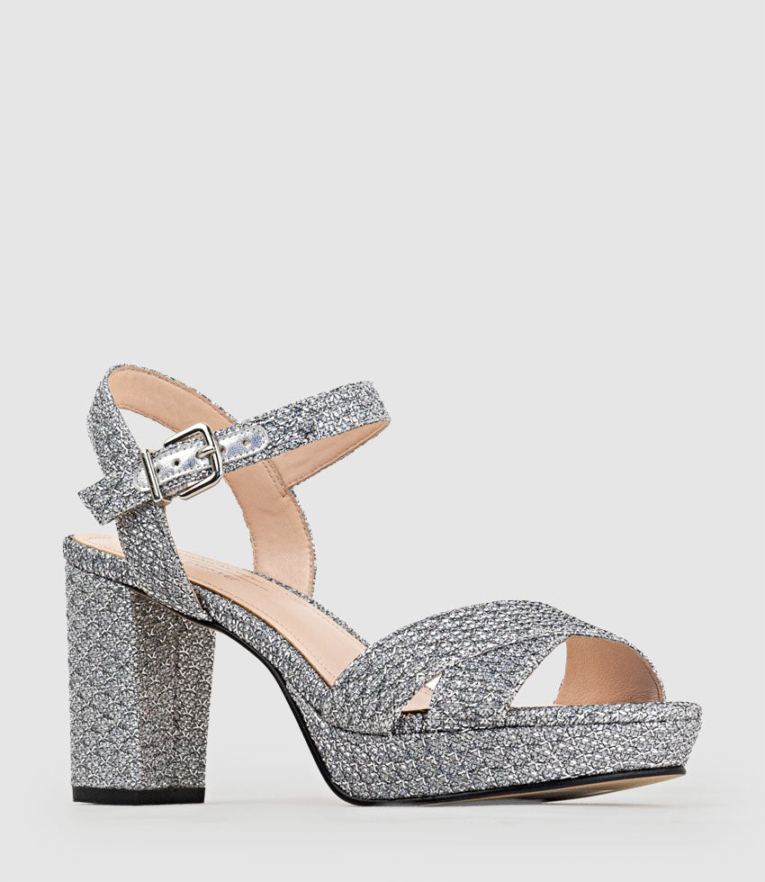 ROWAN80 Asymmetrical Platform Sandal in Silver Metallic Fabric - Edward Meller