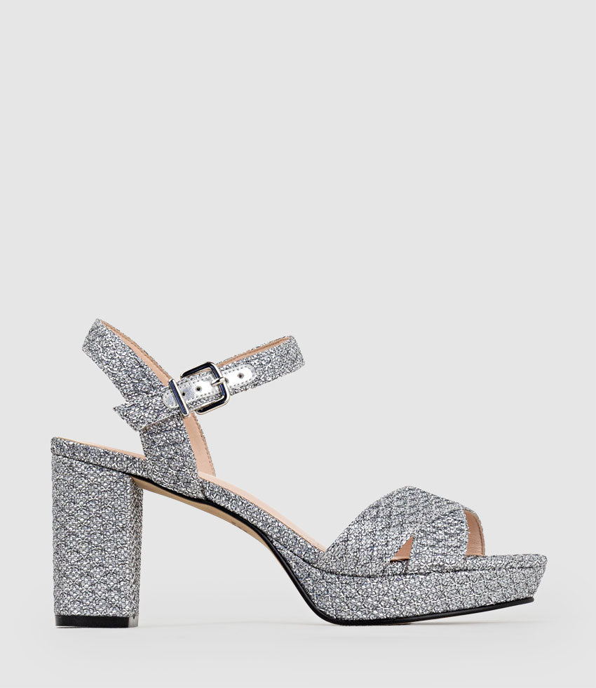 ROWAN80 Asymmetrical Platform Sandal in Silver Metallic Fabric - Edward Meller