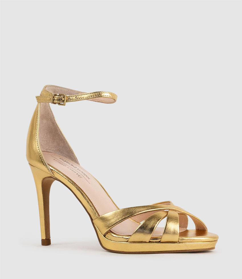 SADIE90 Strappy Crossover Platform Sandal in Aged Gold - Edward Meller