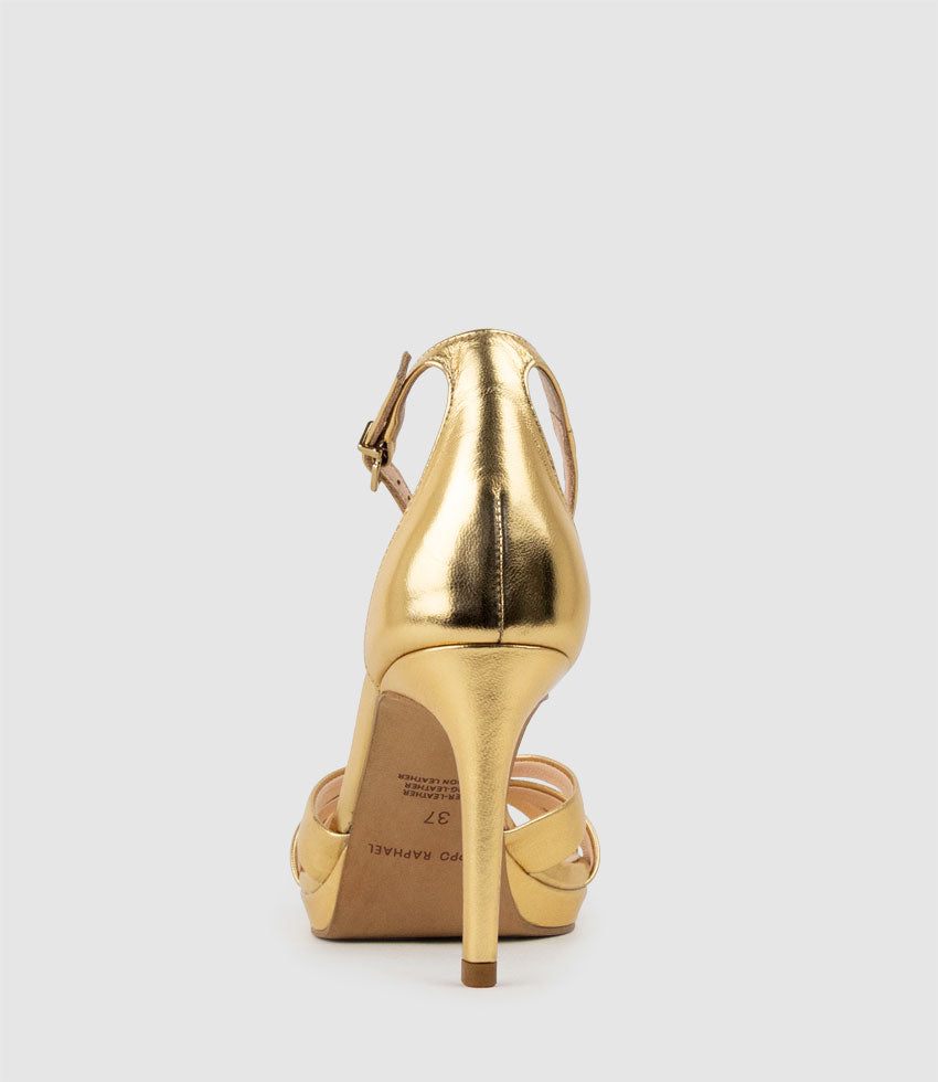 SADIE90 Strappy Crossover Platform Sandal in Aged Gold - Edward Meller
