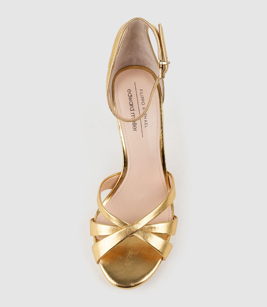 SADIE90 Strappy Crossover Platform Sandal in Aged Gold - Edward Meller