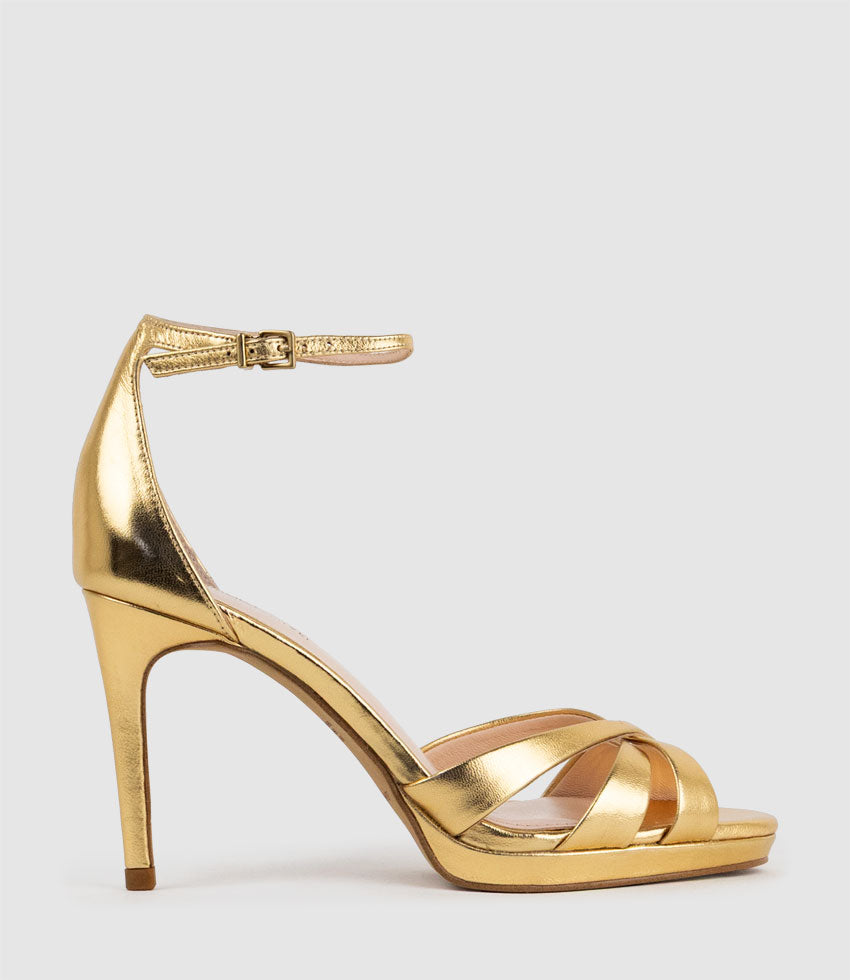 SADIE90 Strappy Crossover Platform Sandal in Aged Gold - Edward Meller