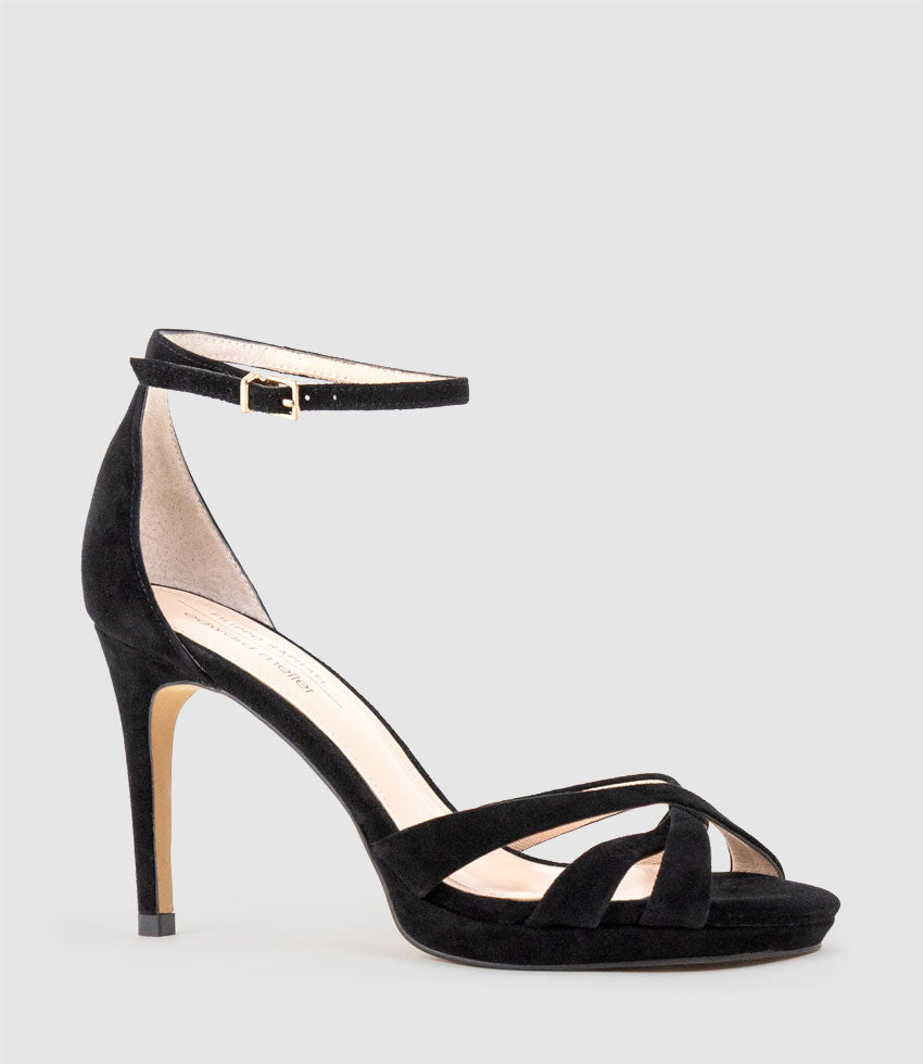 SADIE90 Strappy Crossover Platform Sandal in Black Suede - Edward Meller