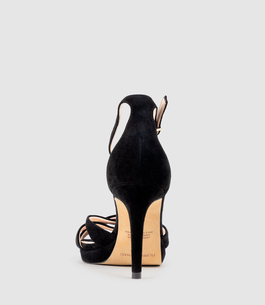 SADIE90 Strappy Crossover Platform Sandal in Black Suede - Edward Meller