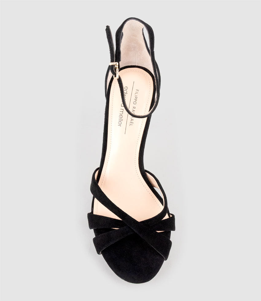 SADIE90 Strappy Crossover Platform Sandal in Black Suede - Edward Meller