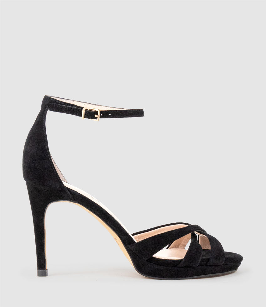 SADIE90 Strappy Crossover Platform Sandal in Black Suede - Edward Meller