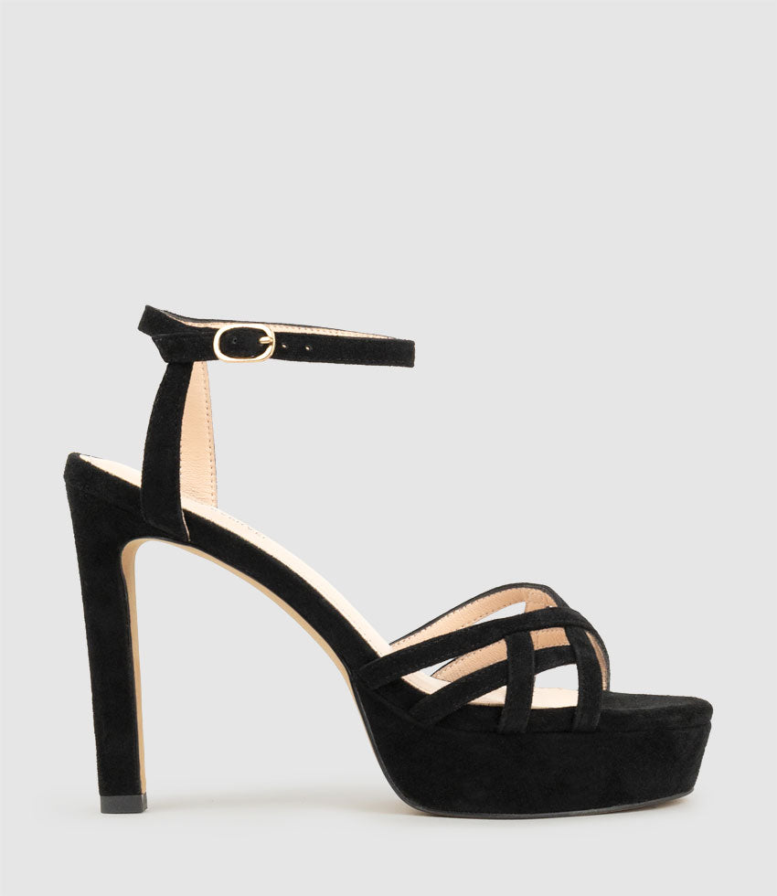 SAMI110 Lattice Front Platform Sandal in Black Suede - Edward Meller