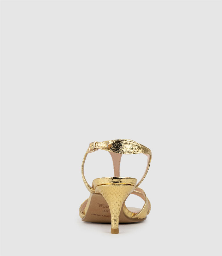 SANNA60 T-Bar Sandal in Gold Snake - Edward Meller
