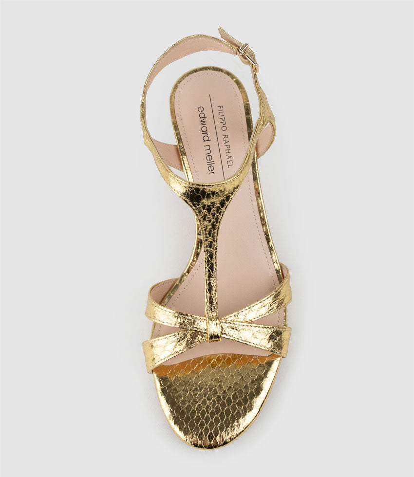SANNA60 T-Bar Sandal in Gold Snake - Edward Meller