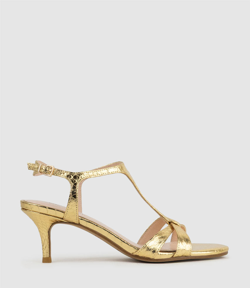 SANNA60 T-Bar Sandal in Gold Snake - Edward Meller