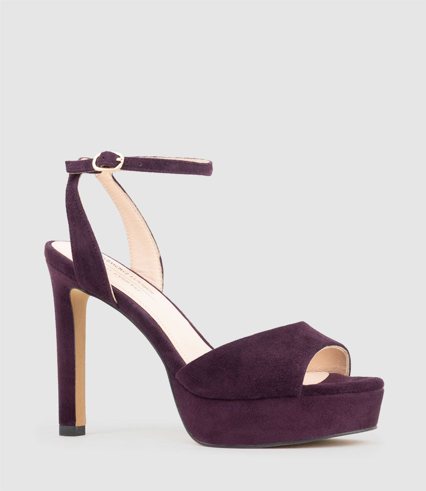 SELMA110 Open Toe Platform Sandal in Eggplant Suede - Edward Meller