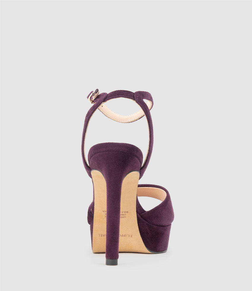 SELMA110 Open Toe Platform Sandal in Eggplant Suede - Edward Meller