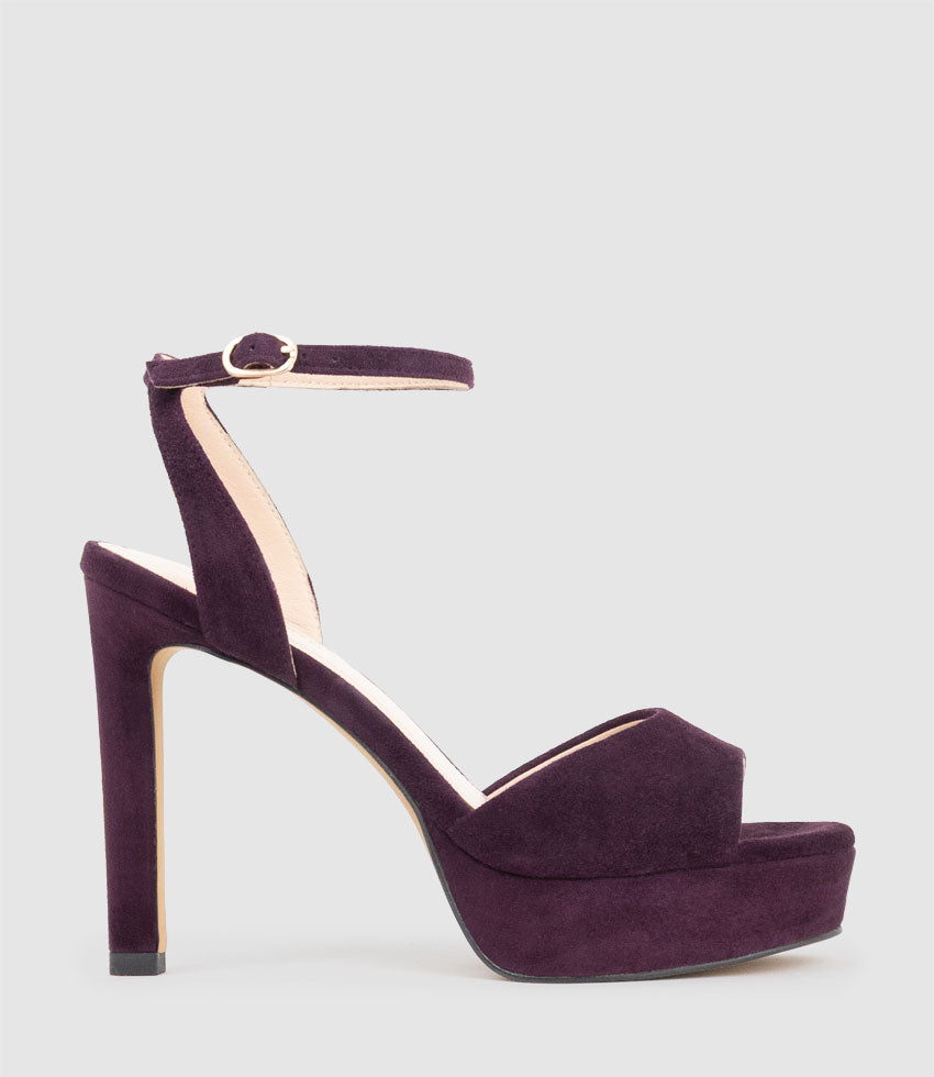 SELMA110 Open Toe Platform Sandal in Eggplant Suede - Edward Meller