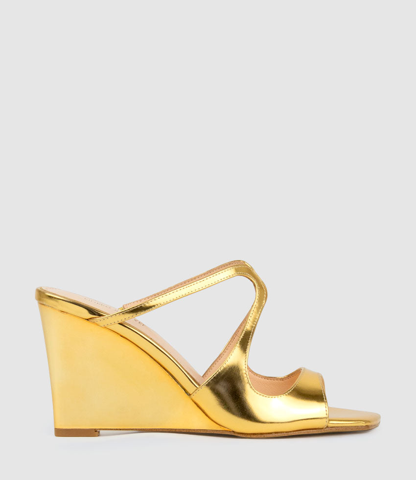 SENSO90 Strappy Slide on Wedge in Old Gold High Shine - Edward Meller