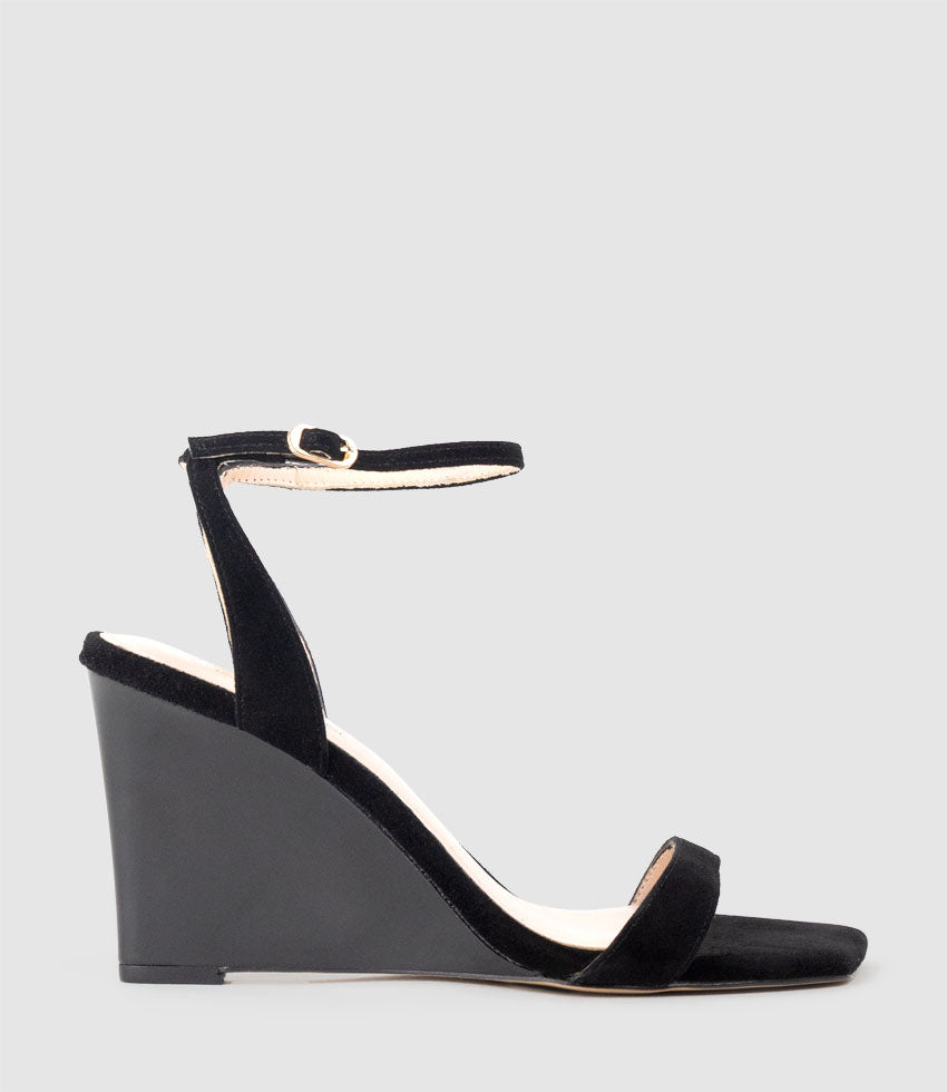 SHANIA90 Single Strap Sandal on Wedge in Black Suede - Edward Meller