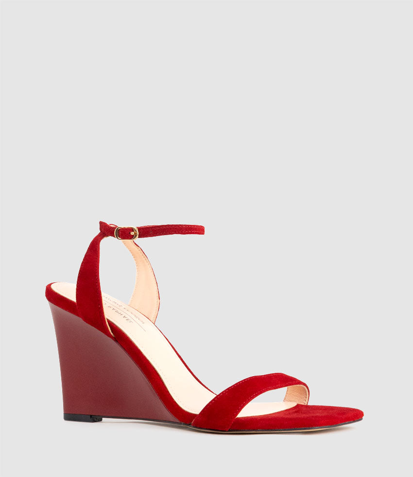 SHANIA90 Single Strap Sandal on Wedge in Cherry Suede - Edward Meller