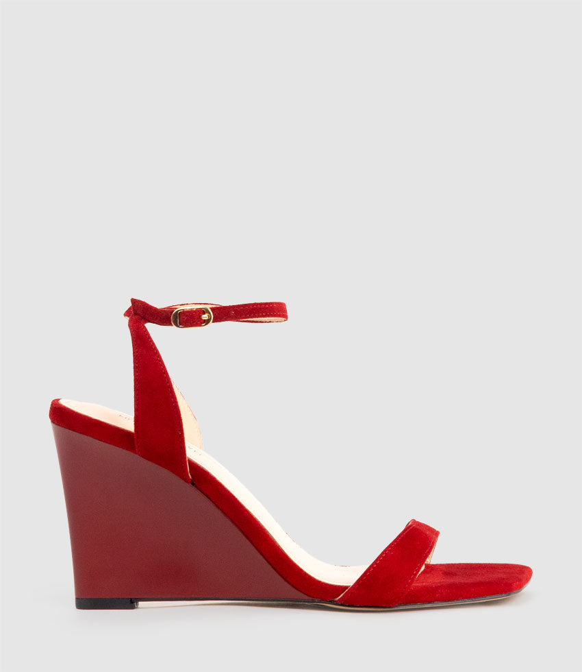 SHANIA90 Single Strap Sandal on Wedge in Cherry Suede - Edward Meller