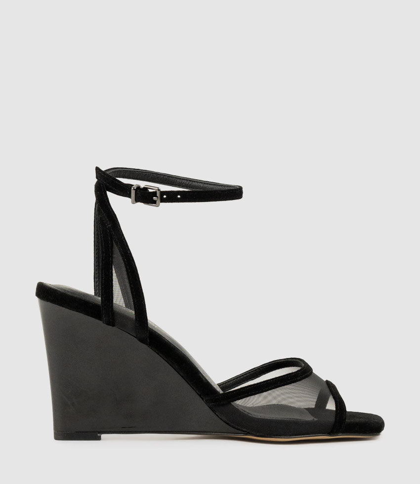 SHANTEL90 Mesh Sandal on Wedge in Black Suede - Edward Meller