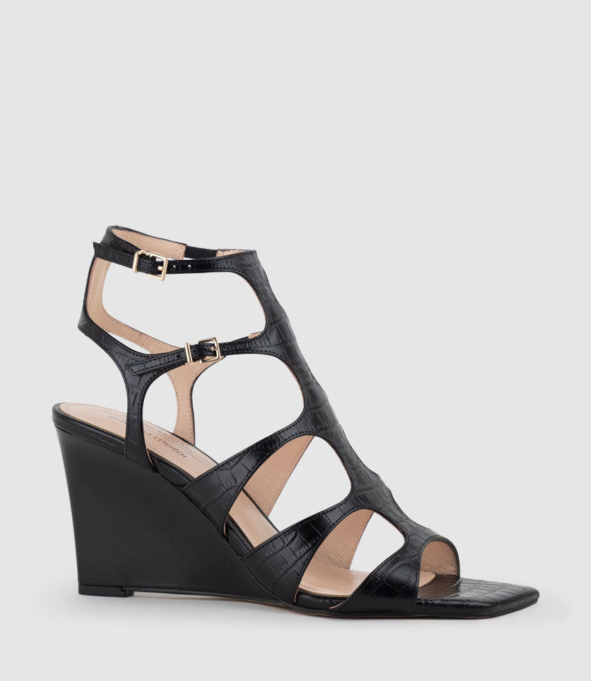SHERA90 Gladiator Sandal on Wedge in Black Croc Print