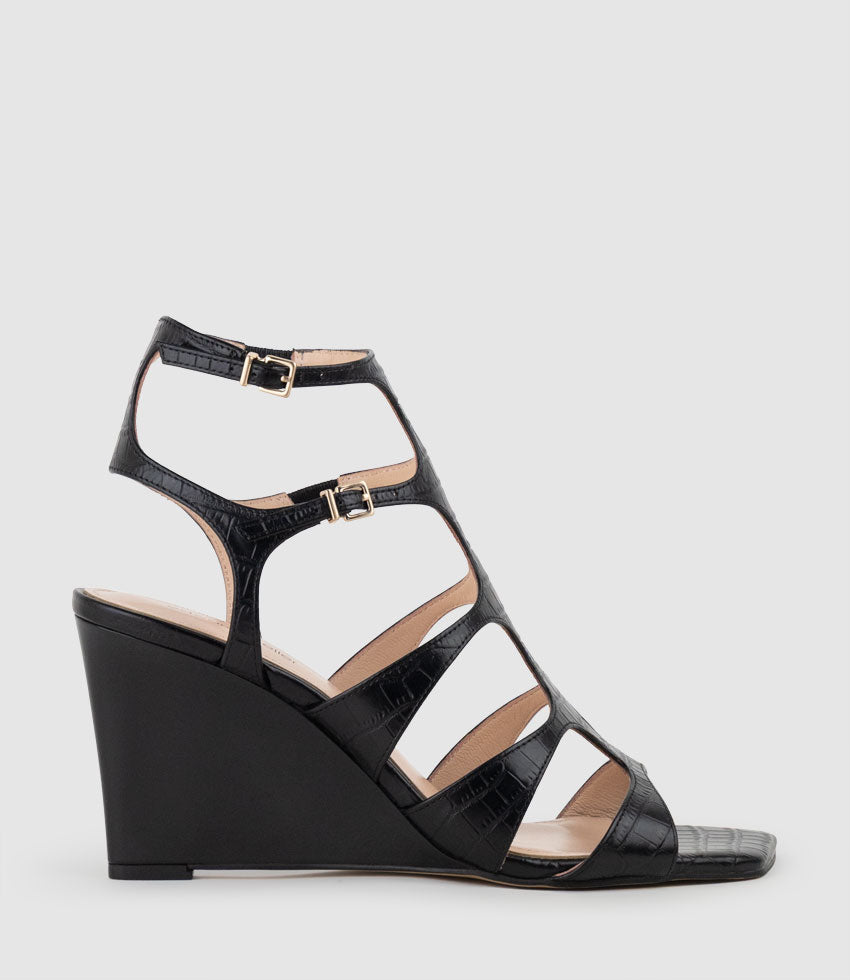 SHERA90 Gladiator Sandal on Wedge in Black Croc Print