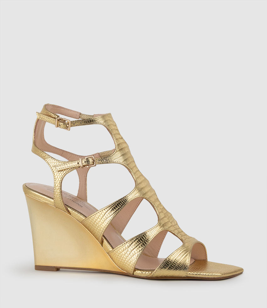 SHERA90 Gladiator Sandal on Wedge in Gold Tejus Lizard Print