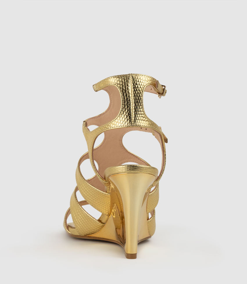 SHERA90 Gladiator Sandal on Wedge in Gold Tejus Lizard Print