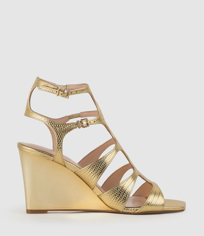 SHERA90 Gladiator Sandal on Wedge in Gold Tejus Lizard Print