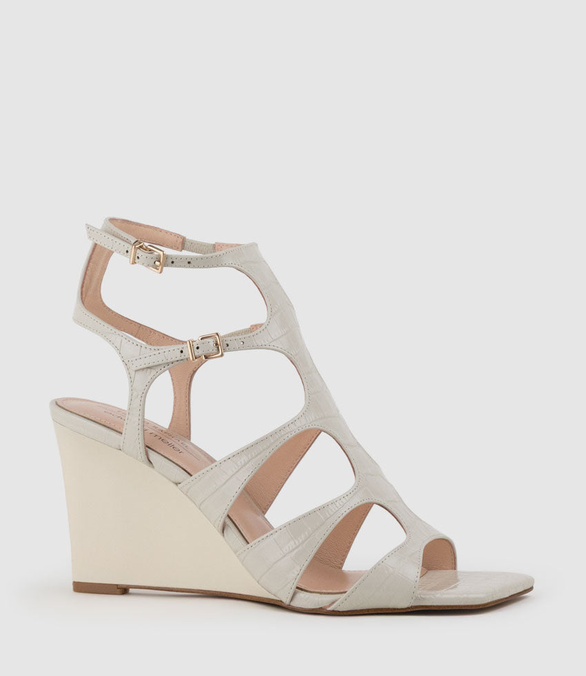 SHERA90 Gladiator Sandal on Wedge in Offwhite Croc Print