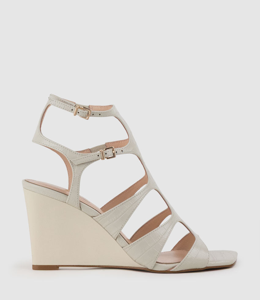 SHERA90 Gladiator Sandal on Wedge in Offwhite Croc Print