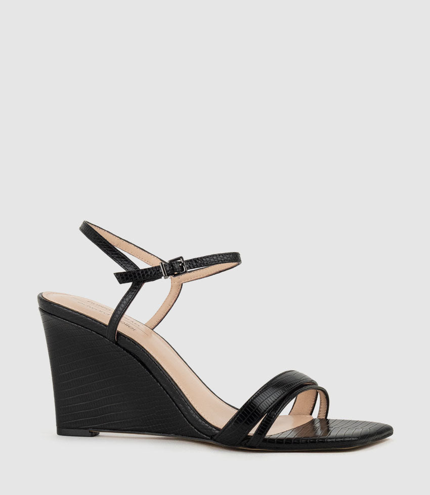 SHILO90 Split Strap Sandal on Wedge in Black Tejus Lizard Print