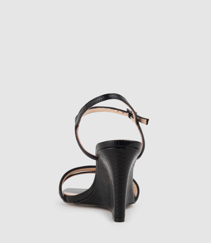 SHILO90 Split Strap Sandal on Wedge in Black Tejus Lizard Print