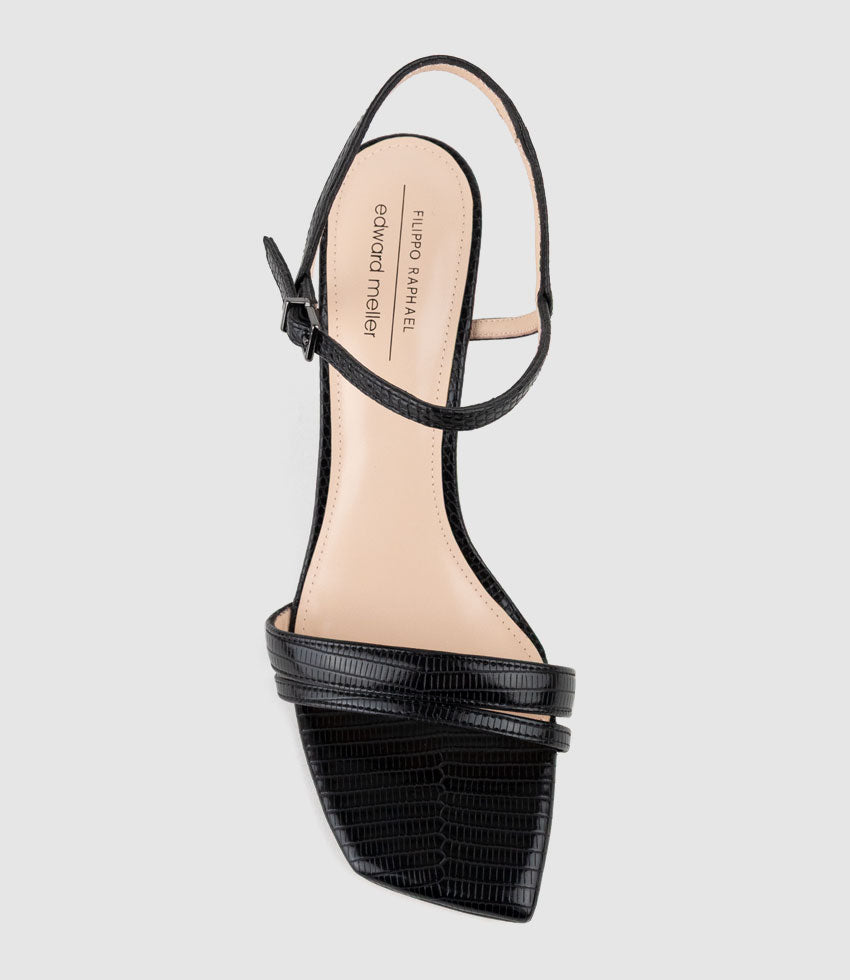 SHILO90 Split Strap Sandal on Wedge in Black Tejus Lizard Print