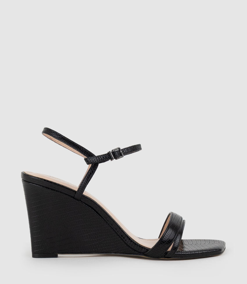 SHILO90 Split Strap Sandal on Wedge in Black Tejus Lizard Print