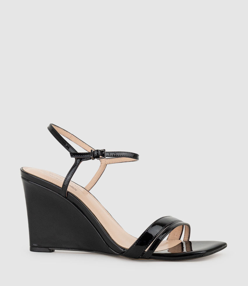 SHILO90 Split Strap Sandal on Wedge in Black Patent