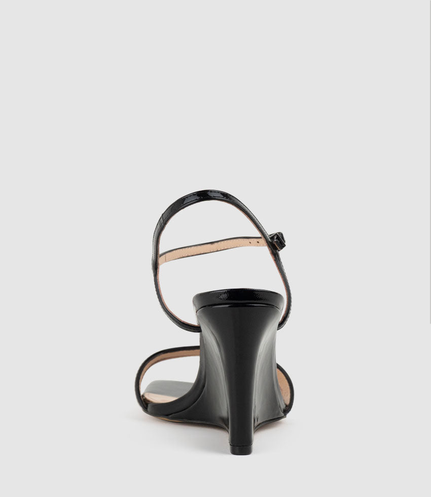 SHILO90 Split Strap Sandal on Wedge in Black Patent