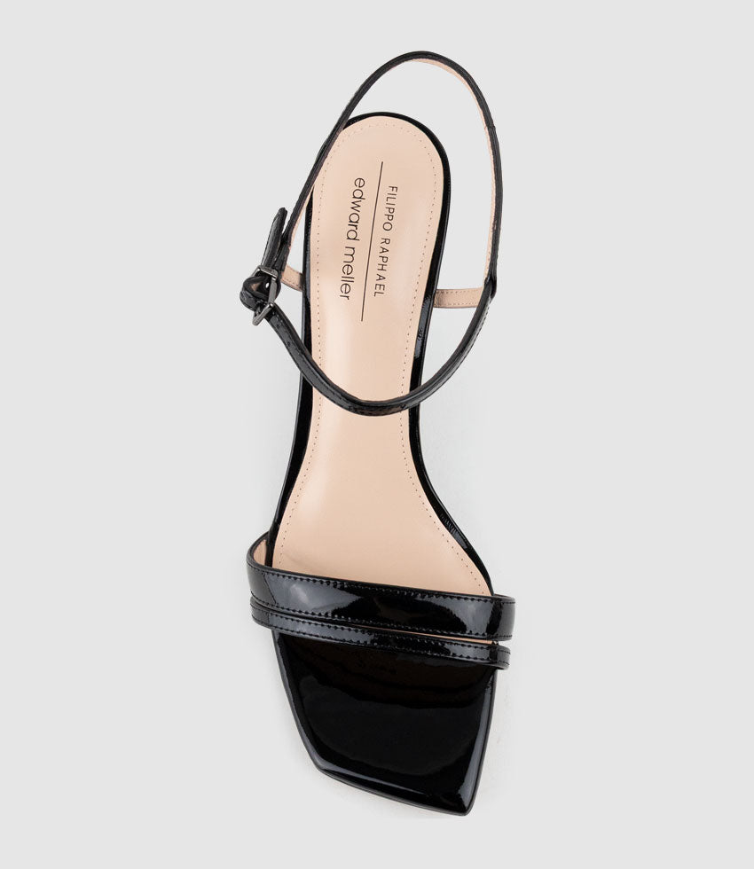 SHILO90 Split Strap Sandal on Wedge in Black Patent