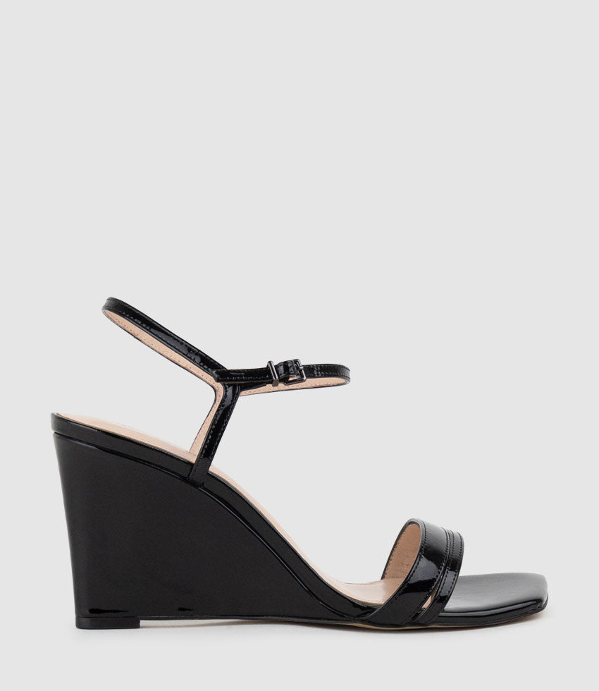 SHILO90 Split Strap Sandal on Wedge in Black Patent