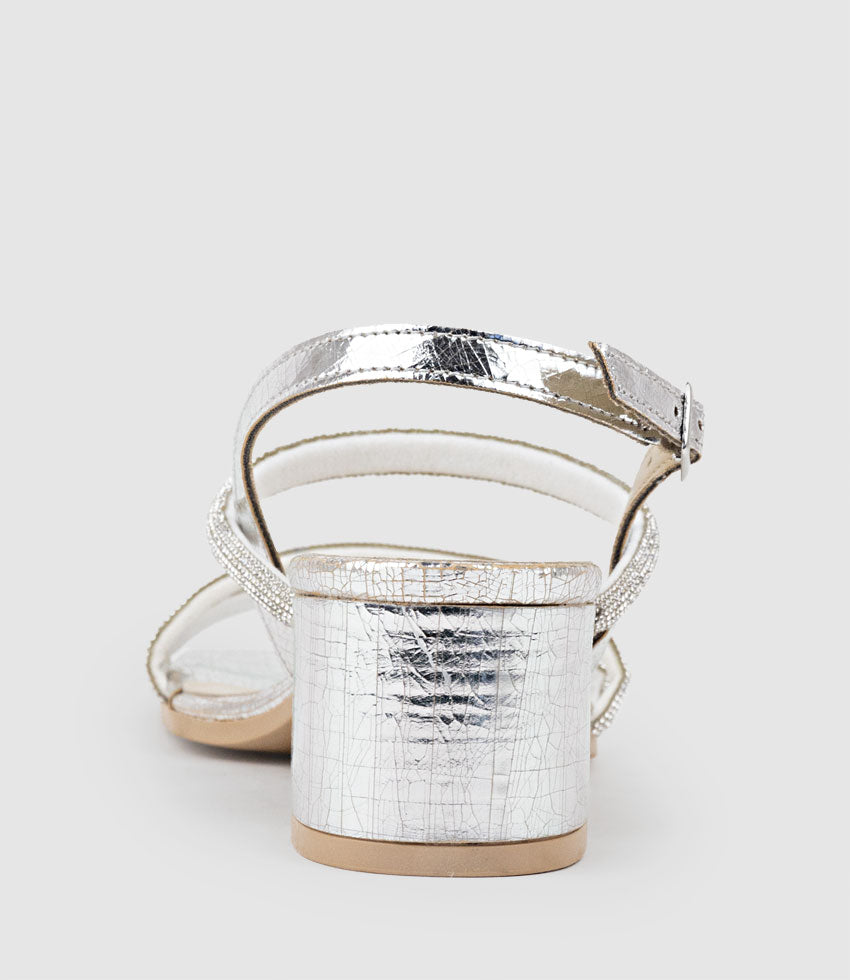 SOIREE50 Block Heel Crystal Sandal in Silver