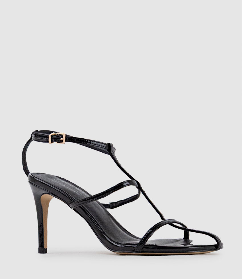 SONATA80 Fine Strap Sandal in Black Patent - Edward Meller